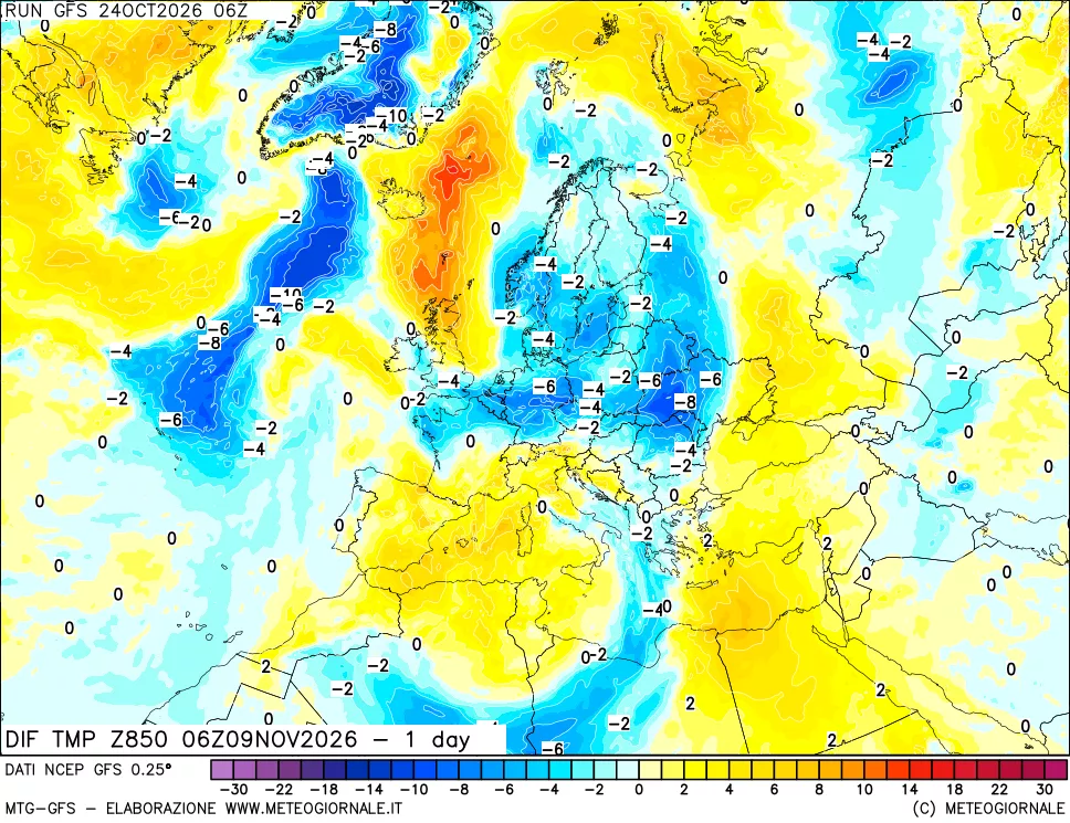 mappa 850 hPA Dif. Temp -24 ore