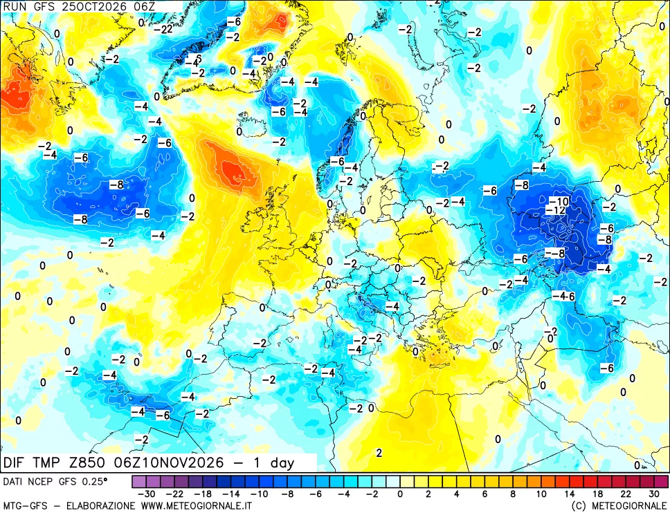 mappa Dif. Temp a 850 hPa Valid - 1 day