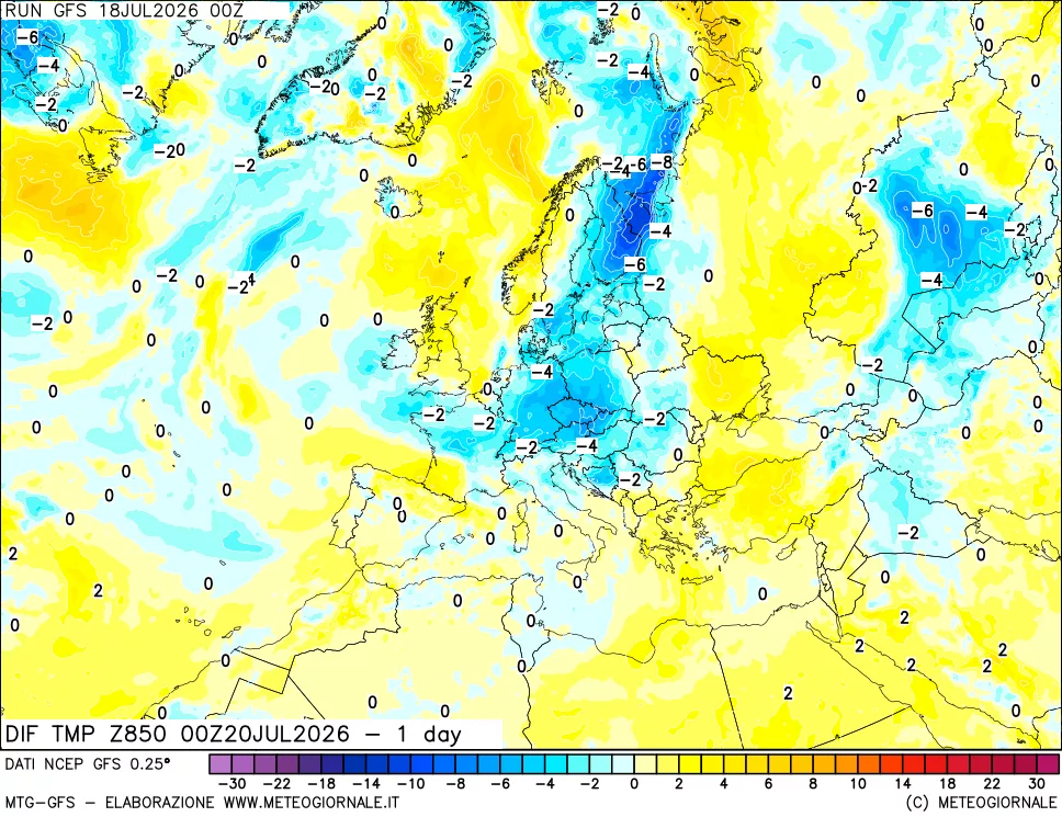 mappa 850 hPA Dif. Temp -24 ore