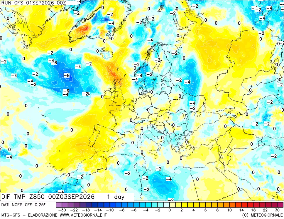 mappa Dif. Temp a 850 hPa Valid - 1 day