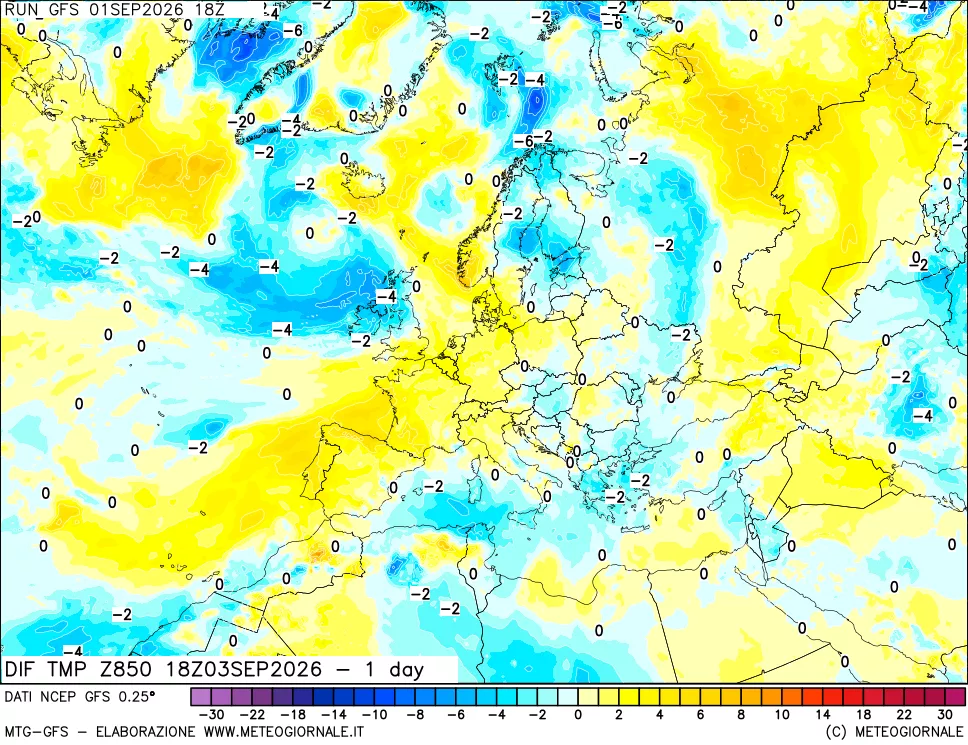mappa Dif. Temp a 850 hPa Valid - 1 day
