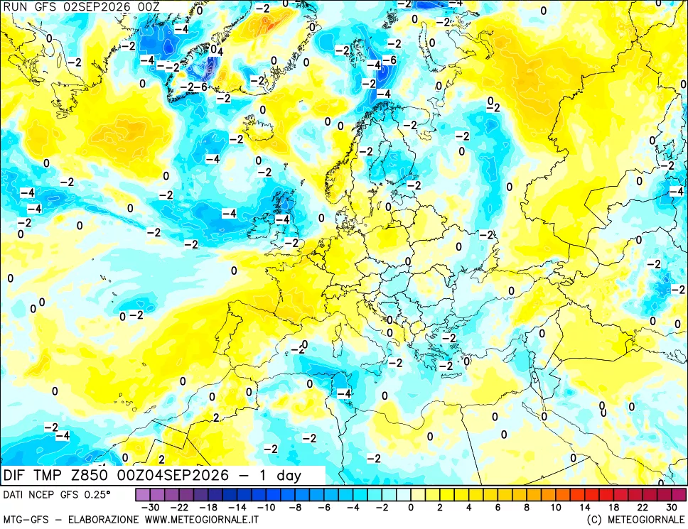 mappa 850 hPA Dif. Temp -24 ore