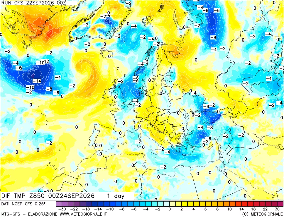 mappa 850 hPA Dif. Temp -24 ore