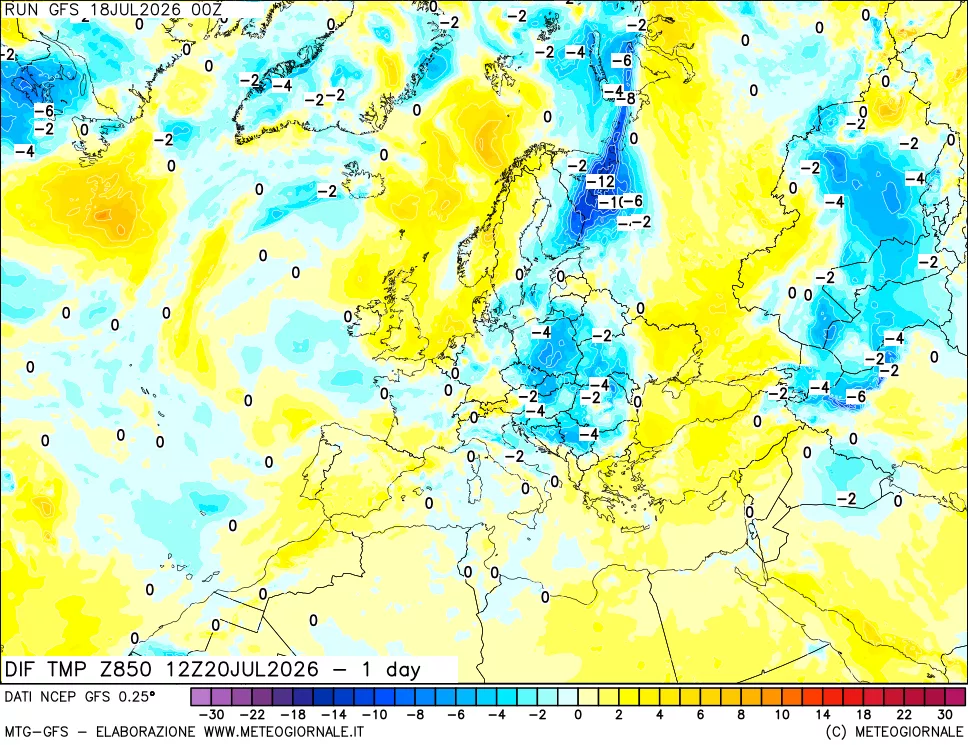 mappa Dif. Temp a 850 hPa Valid - 1 day