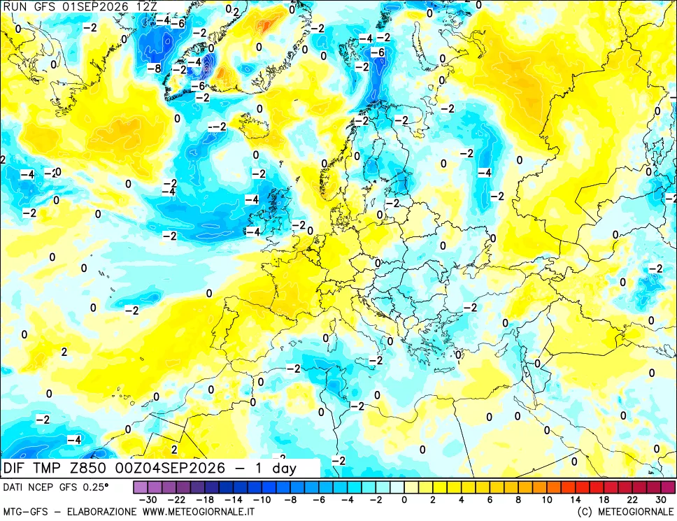 mappa 850 hPA Dif. Temp -24 ore