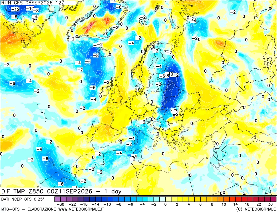 mappa 850 hPA Dif. Temp -24 ore