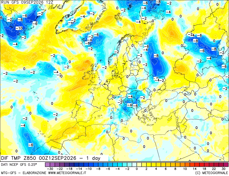 mappa Dif. Temp a 850 hPa Valid - 1 day