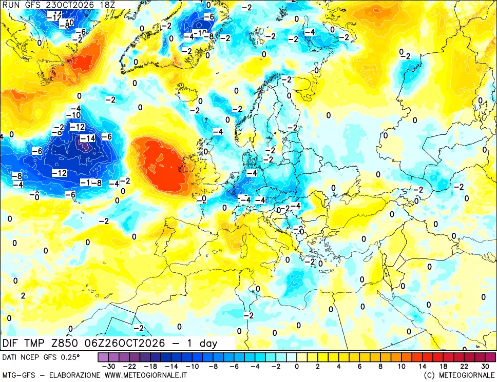 mappa Dif. Temp a 850 hPa Valid - 1 day