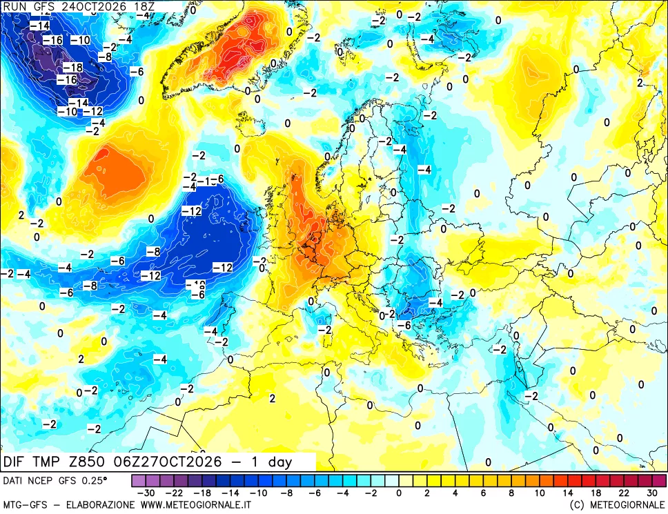 mappa Dif. Temp a 850 hPa Valid - 1 day
