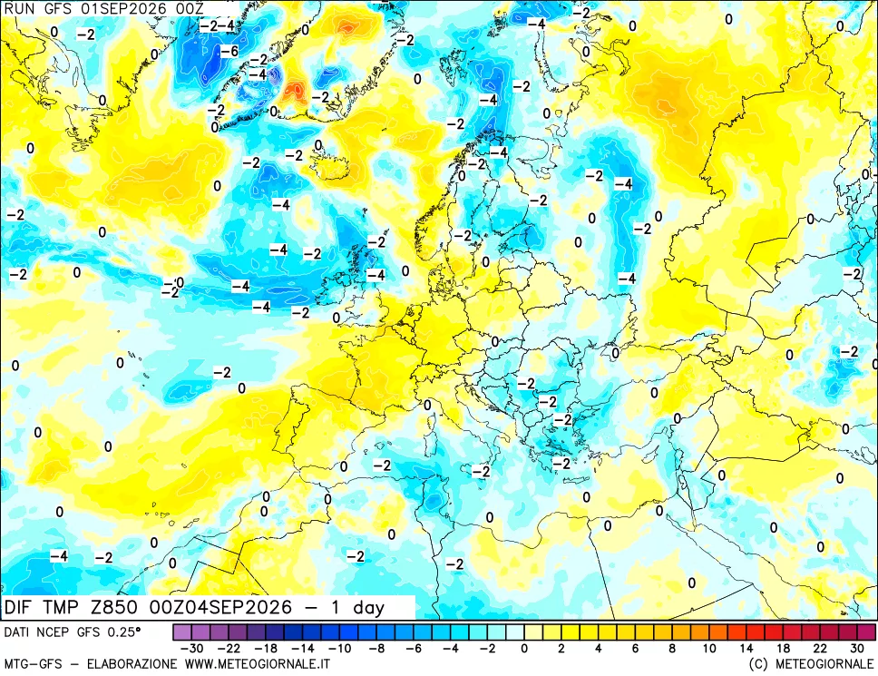 mappa Dif. Temp a 850 hPa Valid - 1 day