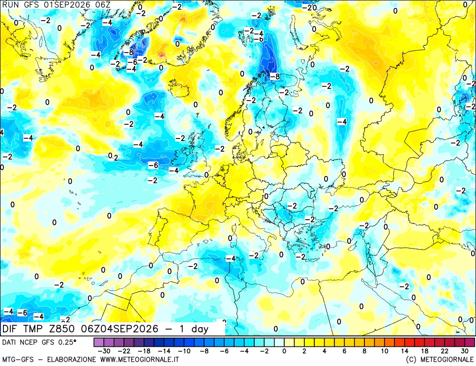 mappa Dif. Temp a 850 hPa Valid - 1 day