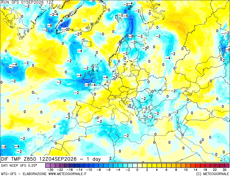 mappa 850 hPA Dif. Temp -24 ore