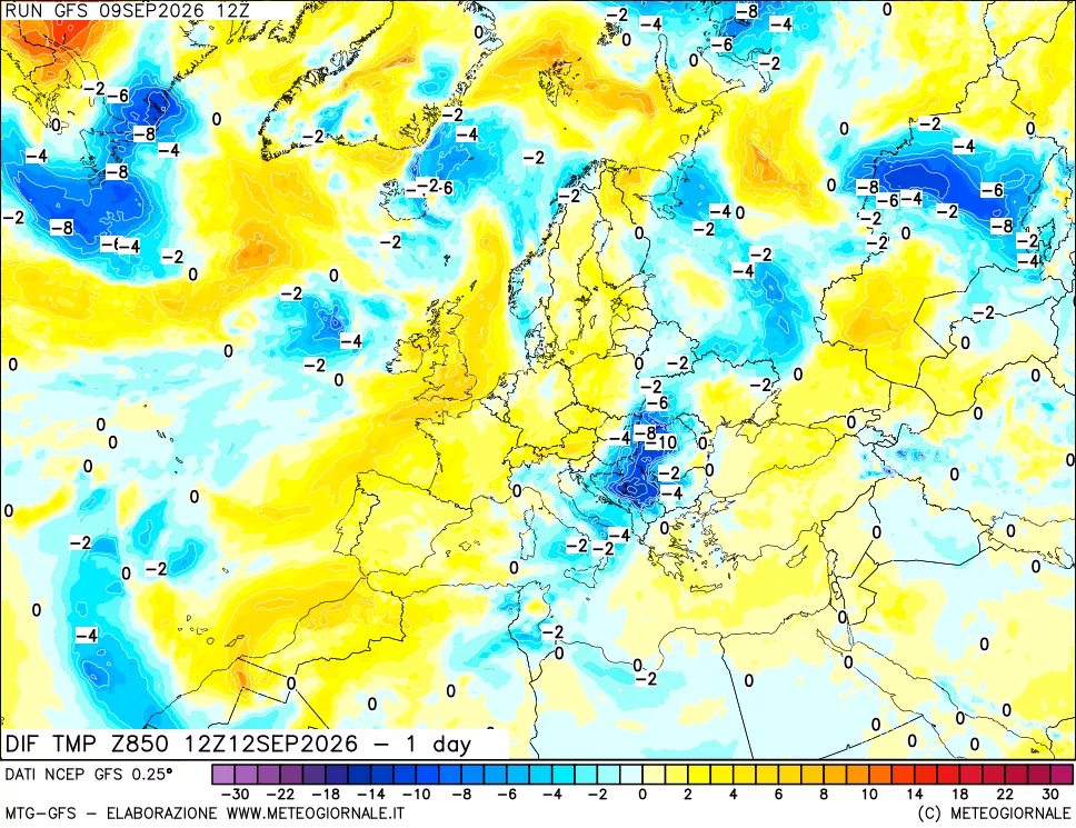 mappa Dif. Temp a 850 hPa Valid - 1 day