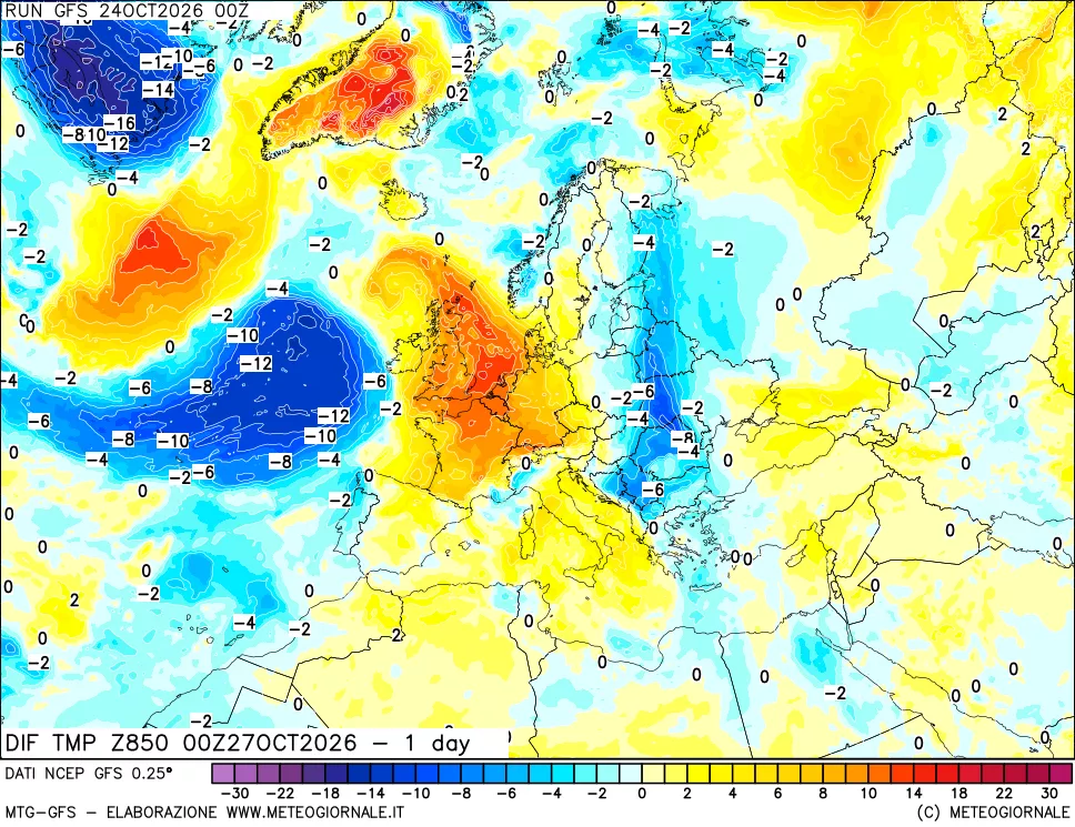 mappa Dif. Temp a 850 hPa Valid - 1 day