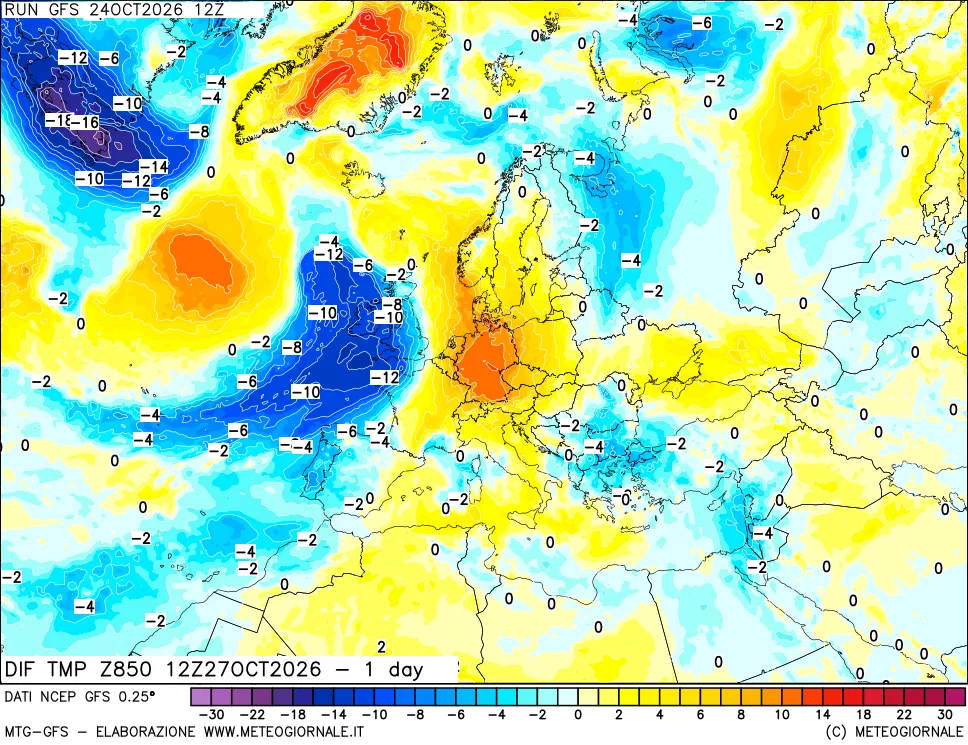 mappa 850 hPA Dif. Temp -24 ore