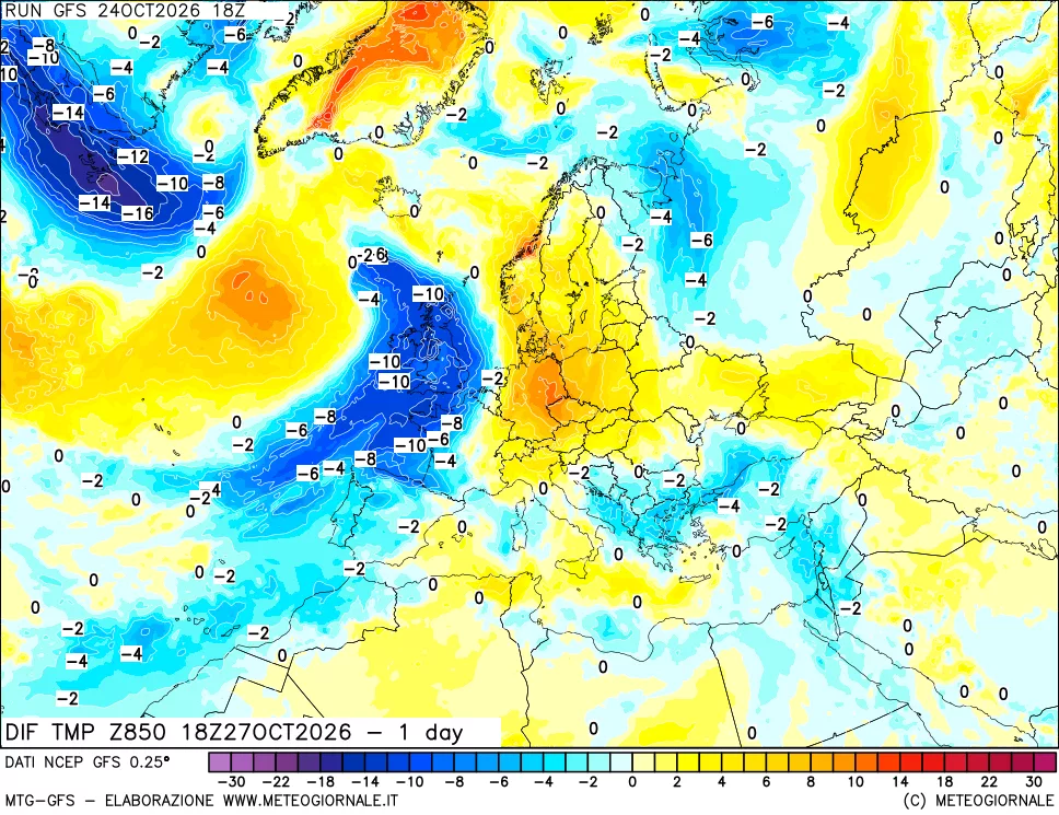 mappa Dif. Temp a 850 hPa Valid - 1 day