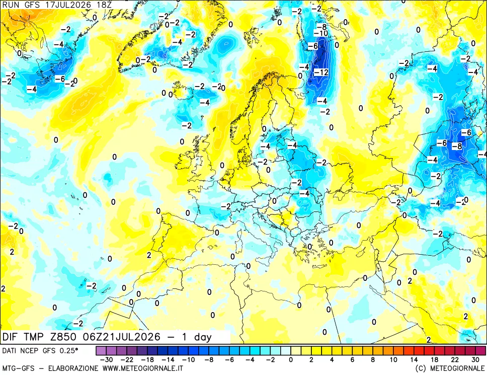 mappa Dif. Temp a 850 hPa Valid - 1 day