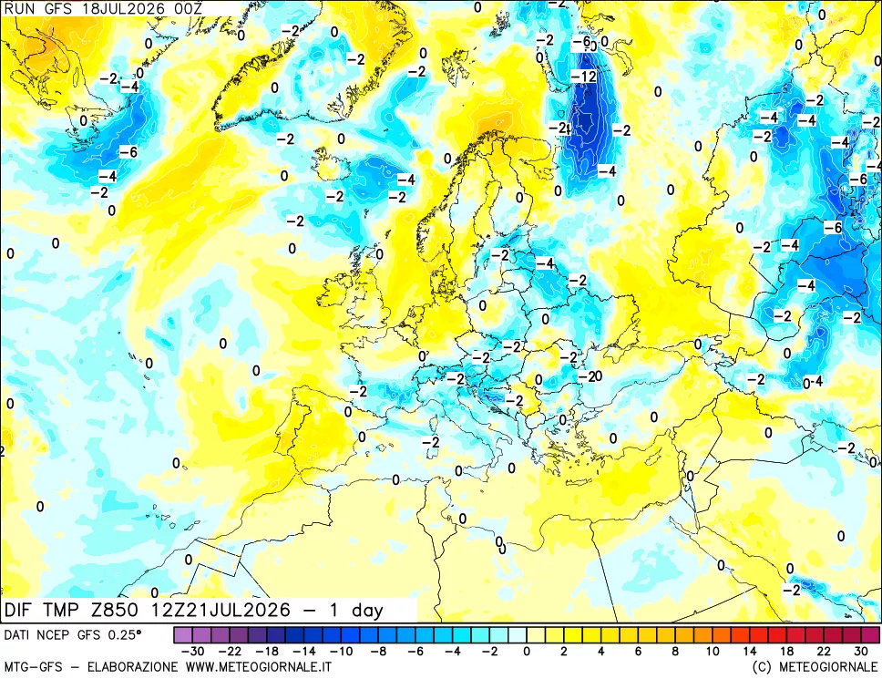 mappa 850 hPA Dif. Temp -24 ore