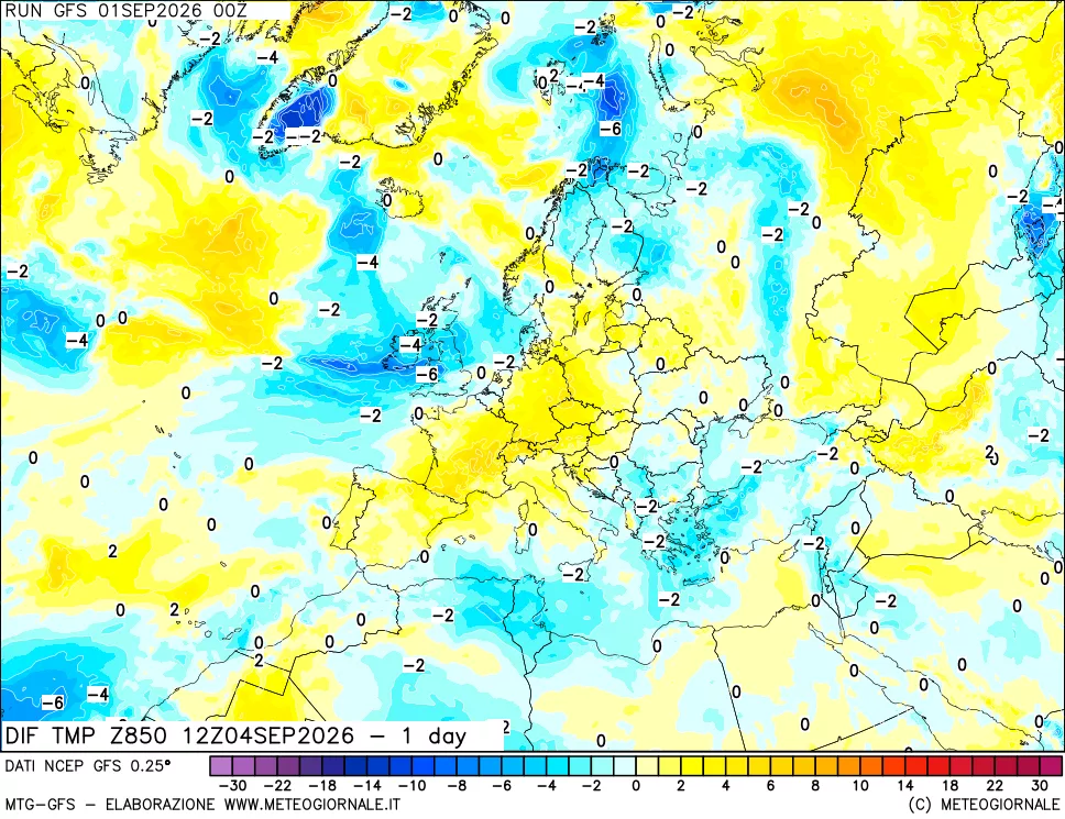 mappa Dif. Temp a 850 hPa Valid - 1 day