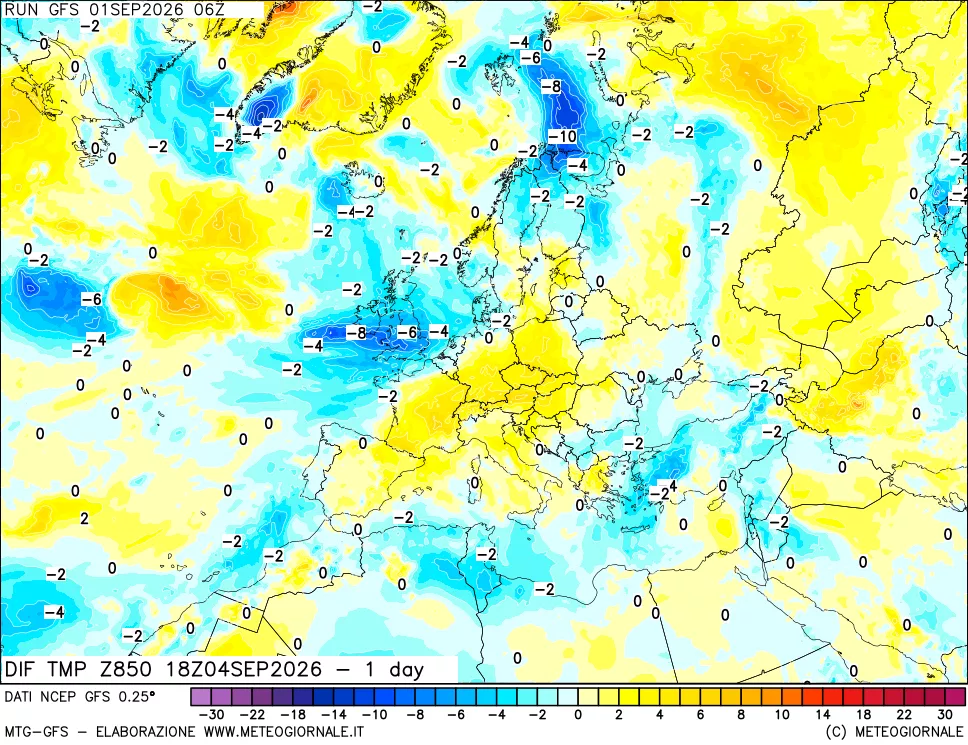 mappa Dif. Temp a 850 hPa Valid - 1 day