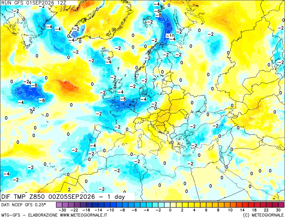 mappa 850 hPA Dif. Temp -24 ore