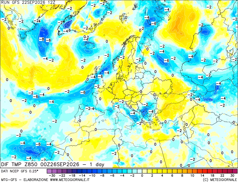 mappa 850 hPA Dif. Temp -24 ore