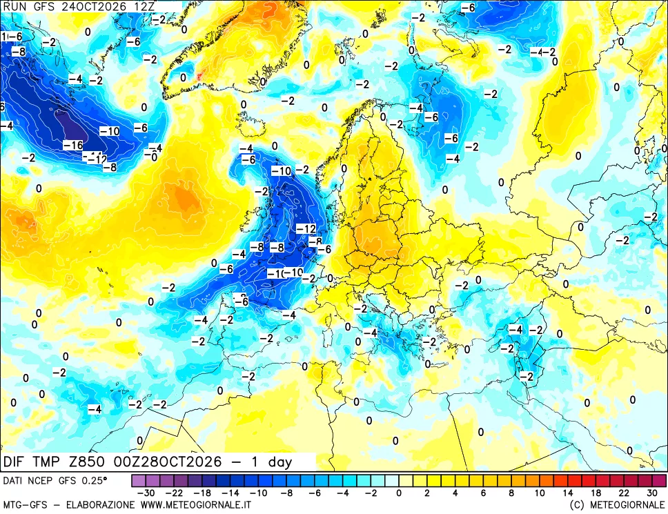 mappa 850 hPA Dif. Temp -24 ore
