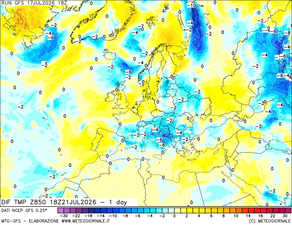 mappa Dif. Temp a 850 hPa Valid - 1 day