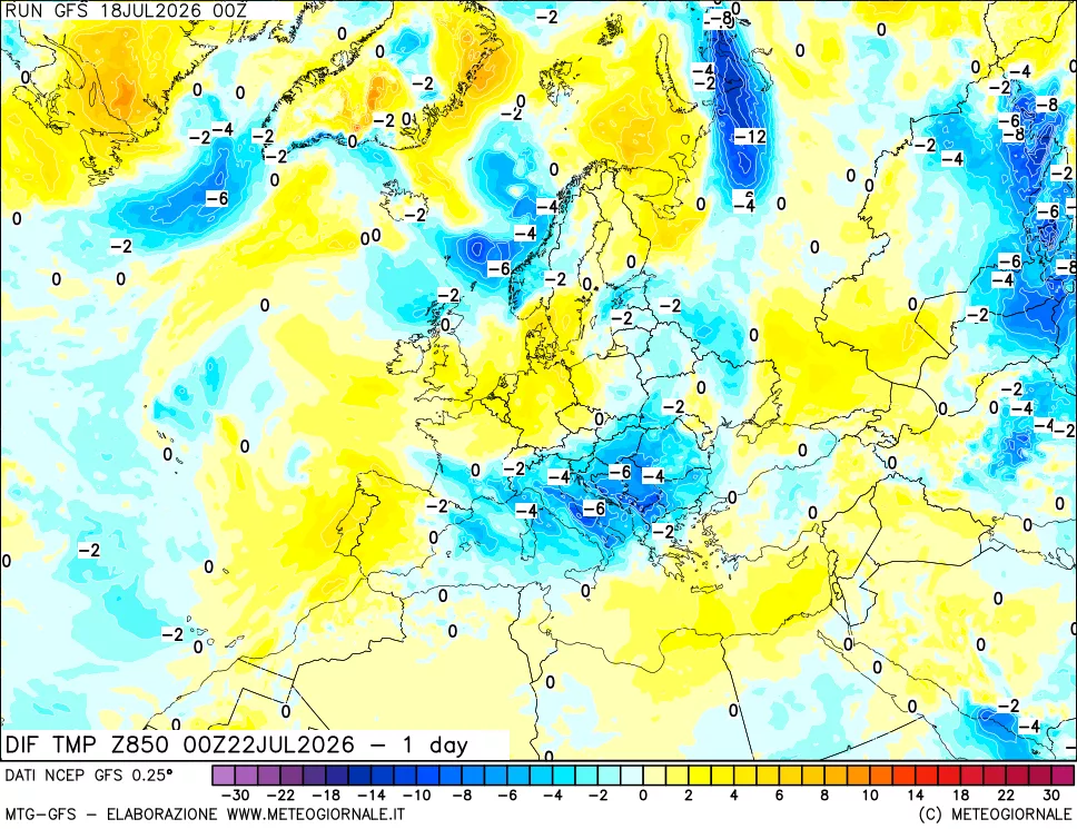 mappa Dif. Temp a 850 hPa Valid - 1 day