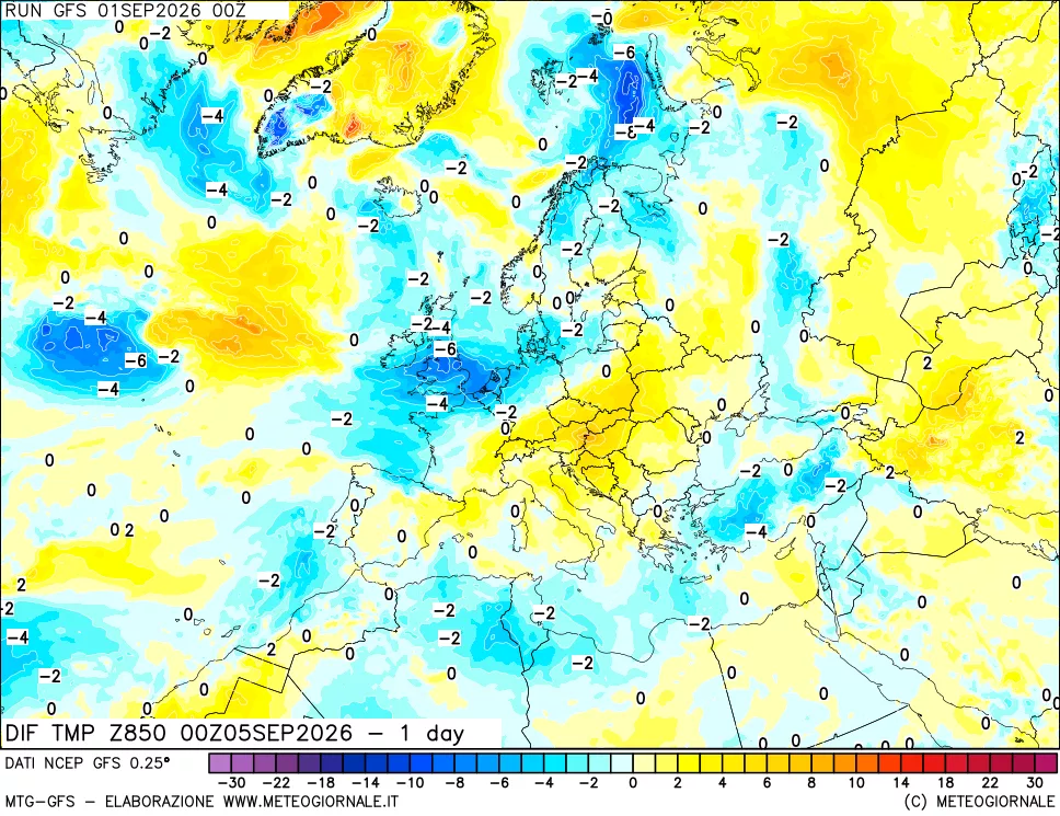 mappa Dif. Temp a 850 hPa Valid - 1 day