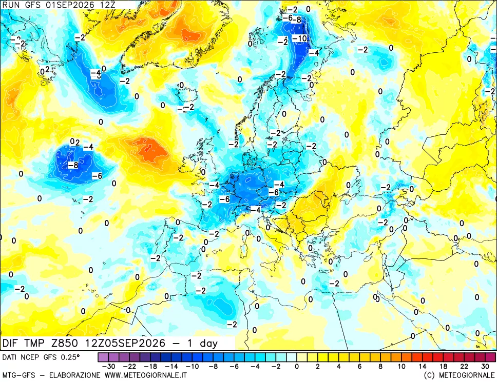 mappa 850 hPA Dif. Temp -24 ore