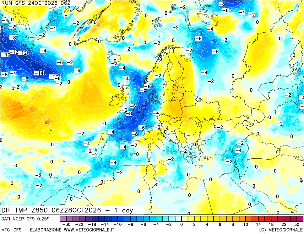 mappa Dif. Temp a 850 hPa Valid - 1 day
