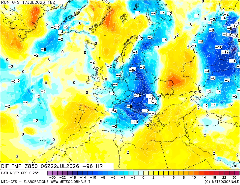mappa Dif. Temp a 850 hPa Valid - Init