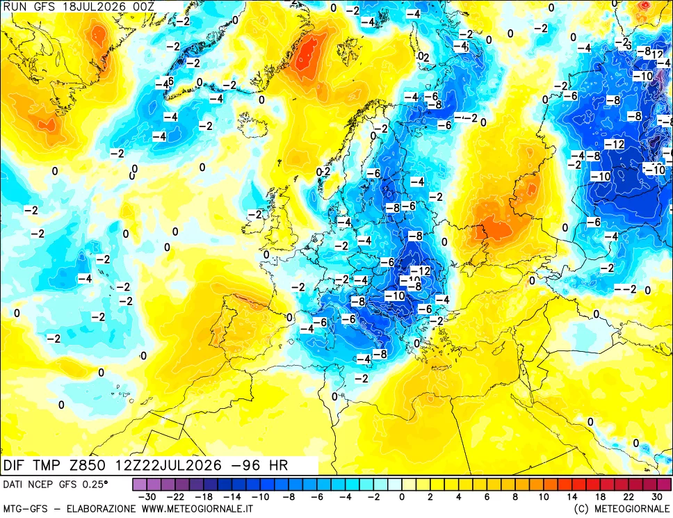 mappa Dif. Temp a 850 hPa Valid - Init
