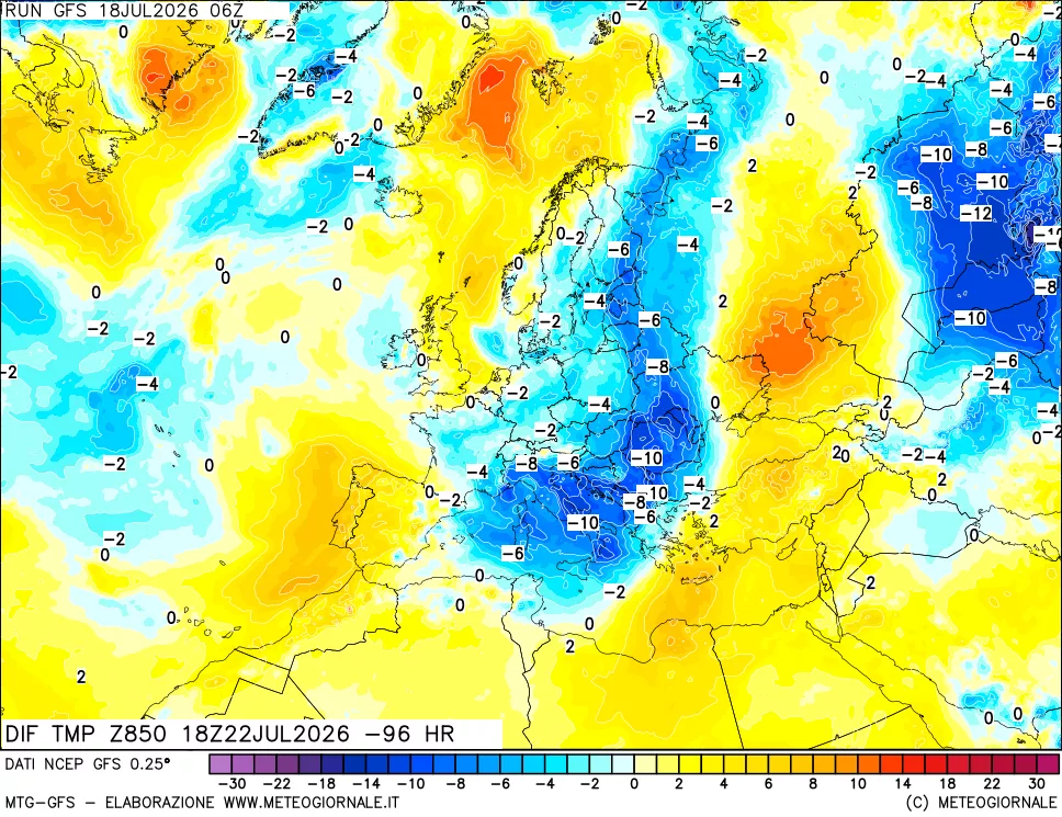 mappa Dif. Temp a 850 hPa Valid - Init