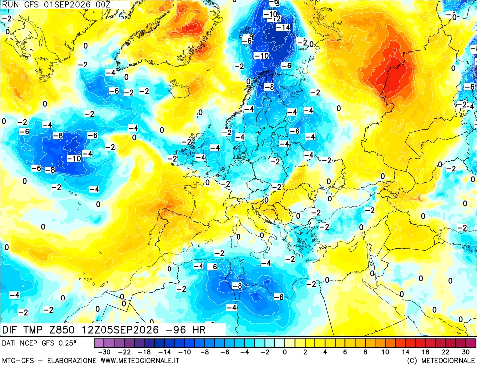 mappa Dif. Temp a 850 hPa Valid - Init