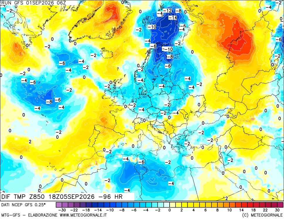 mappa Dif. Temp a 850 hPa Valid - Init