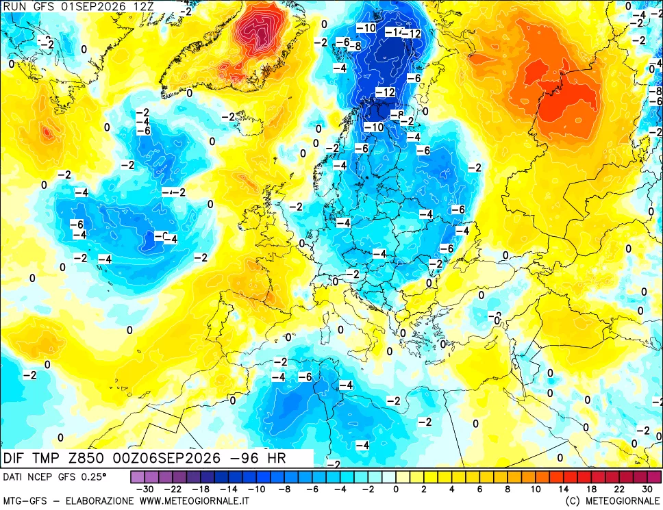 mappa Dif. Temp a 850 hPa Valid - Init