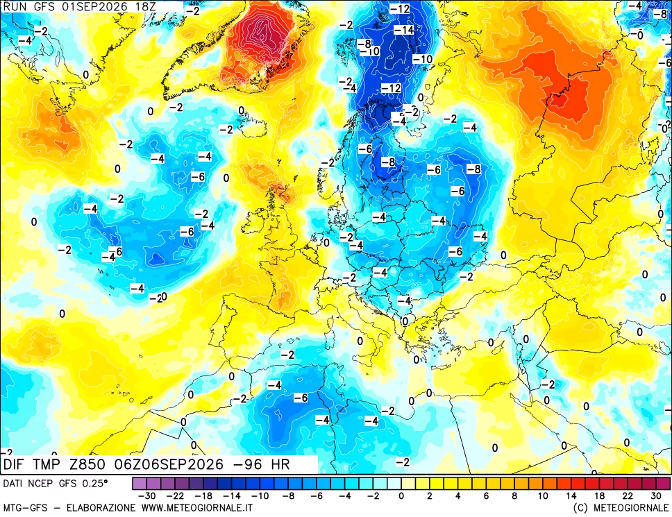 mappa Dif. Temp a 850 hPa Valid - Init