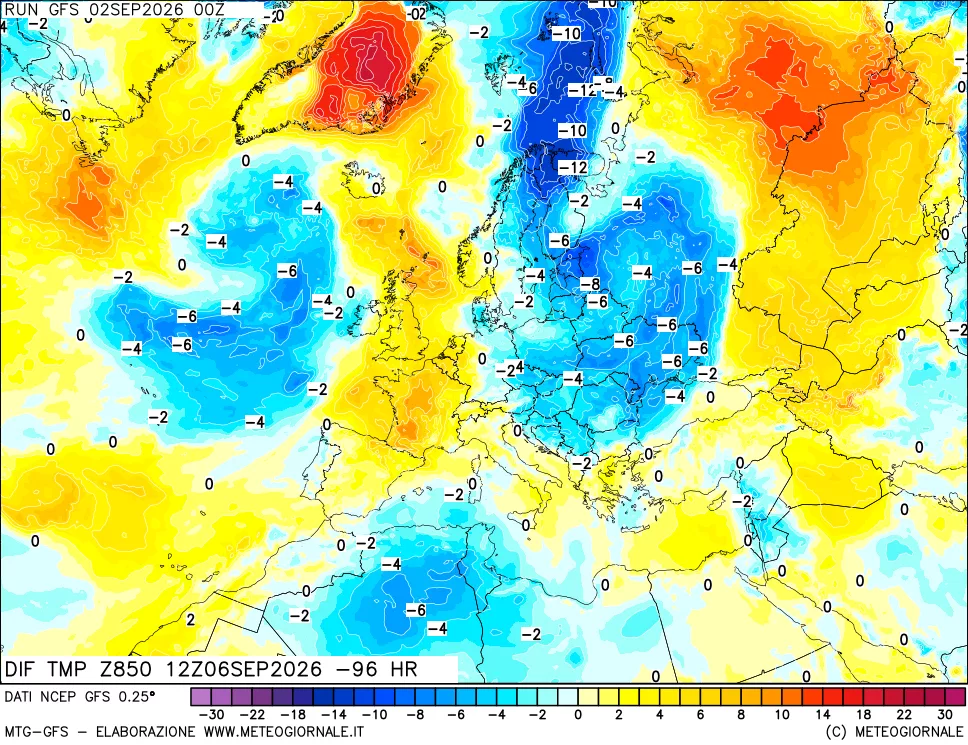 mappa Dif. Temp a 850 hPa Valid - Init