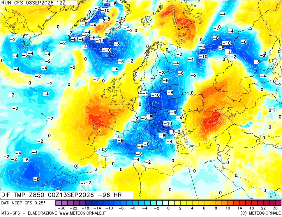 mappa Dif. Temp a 850 hPa Valid - Init