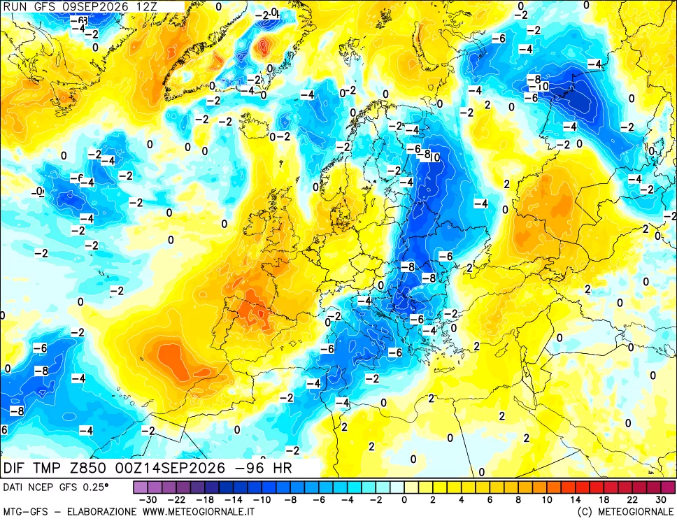 mappa Dif. Temp a 850 hPa Valid - Init