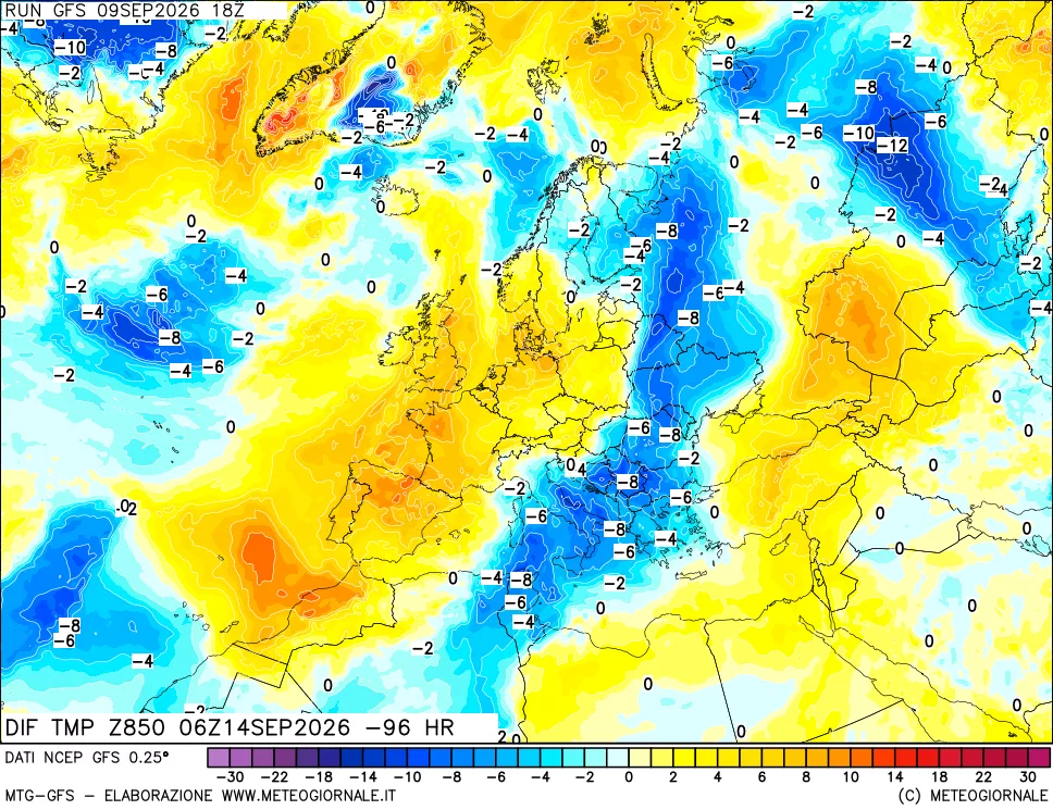 mappa Dif. Temp a 850 hPa Valid - Init