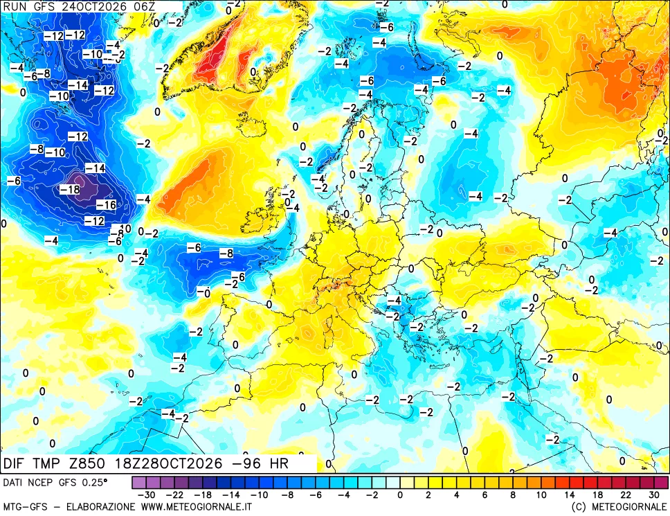 mappa Dif. Temp a 850 hPa Valid - Init