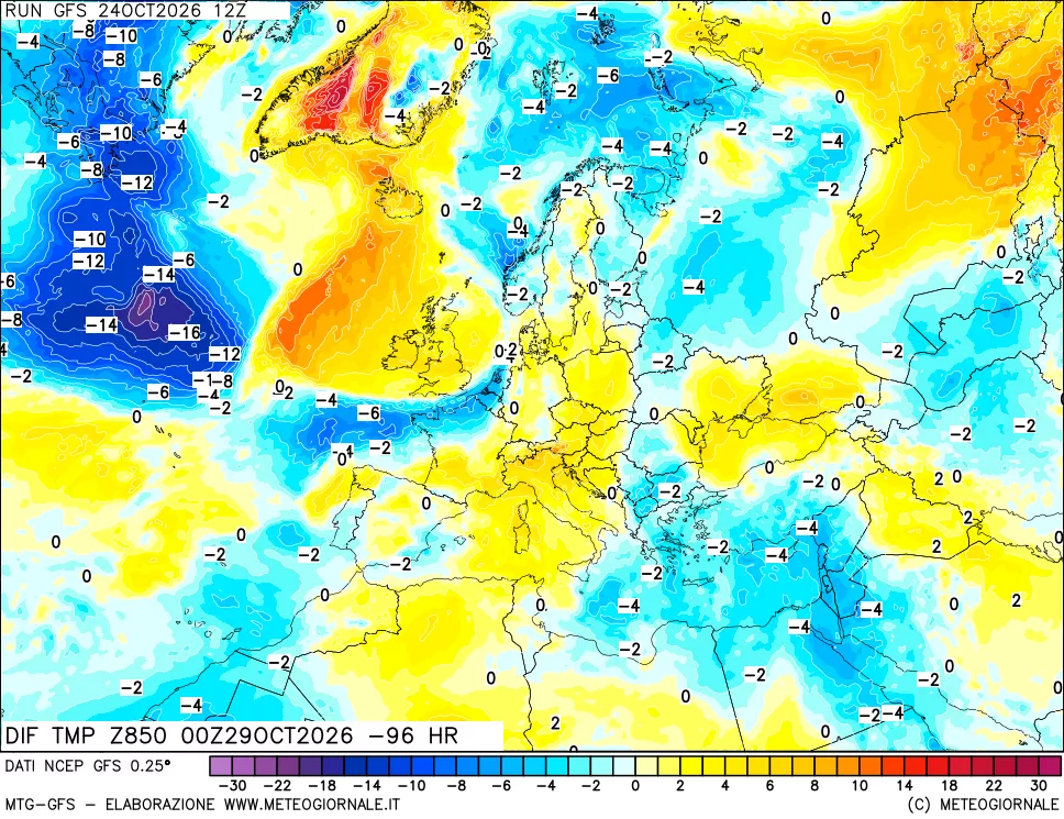 mappa Dif. Temp a 850 hPa Valid - Init