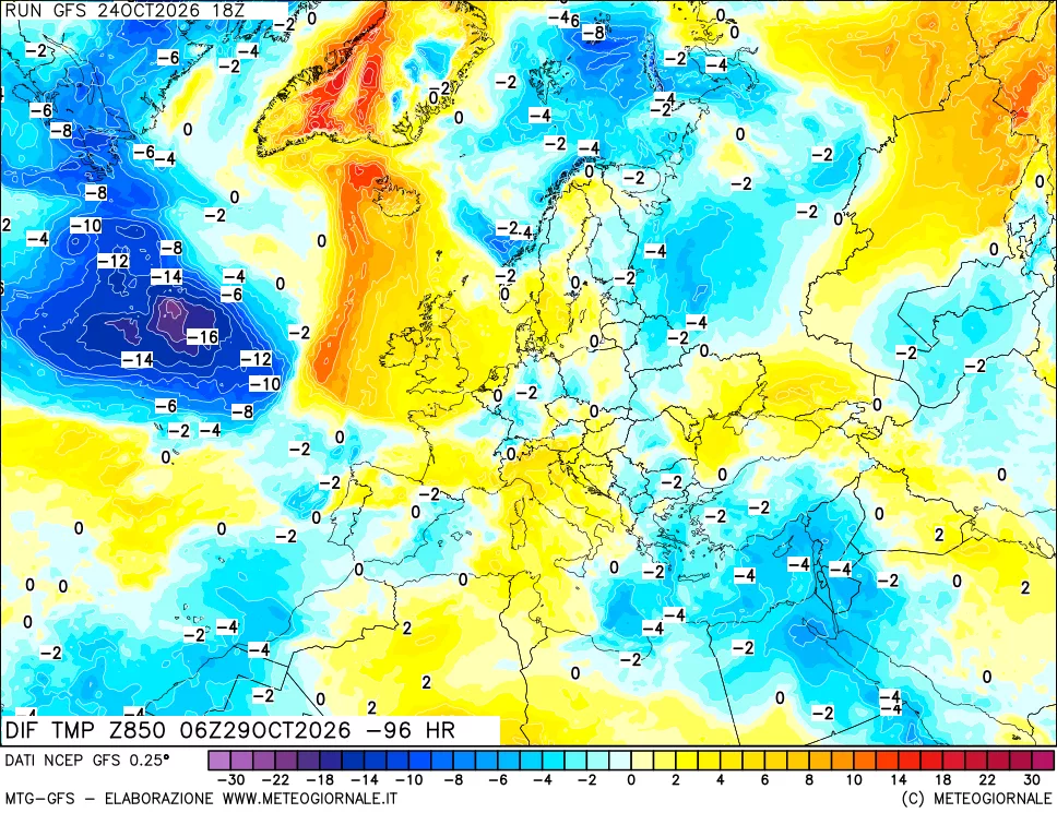 mappa Dif. Temp a 850 hPa Valid - Init