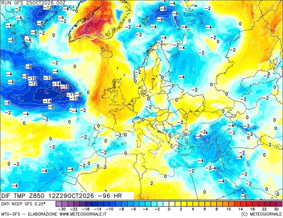 mappa Dif. Temp a 850 hPa Valid - Init