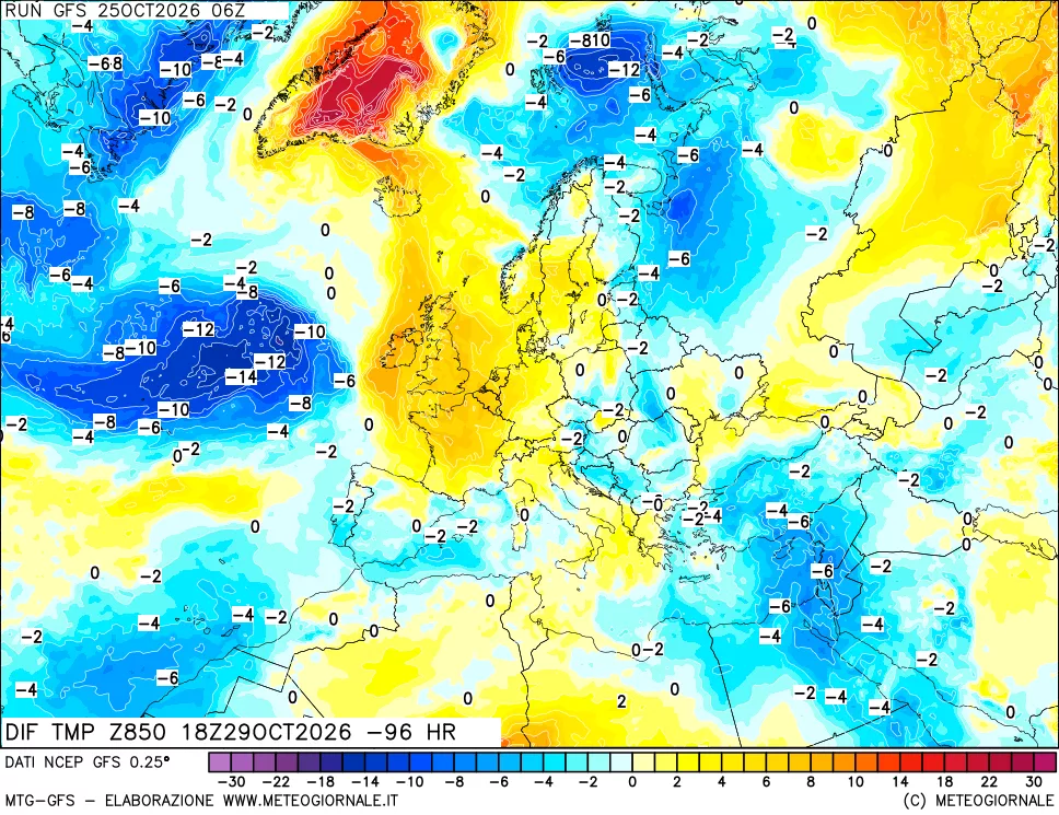 mappa Dif. Temp a 850 hPa Valid - Init
