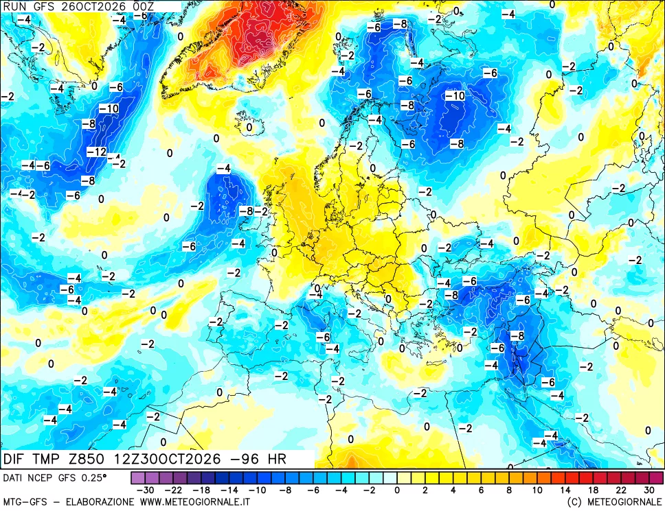 mappa Dif. Temp a 850 hPa Valid - Init