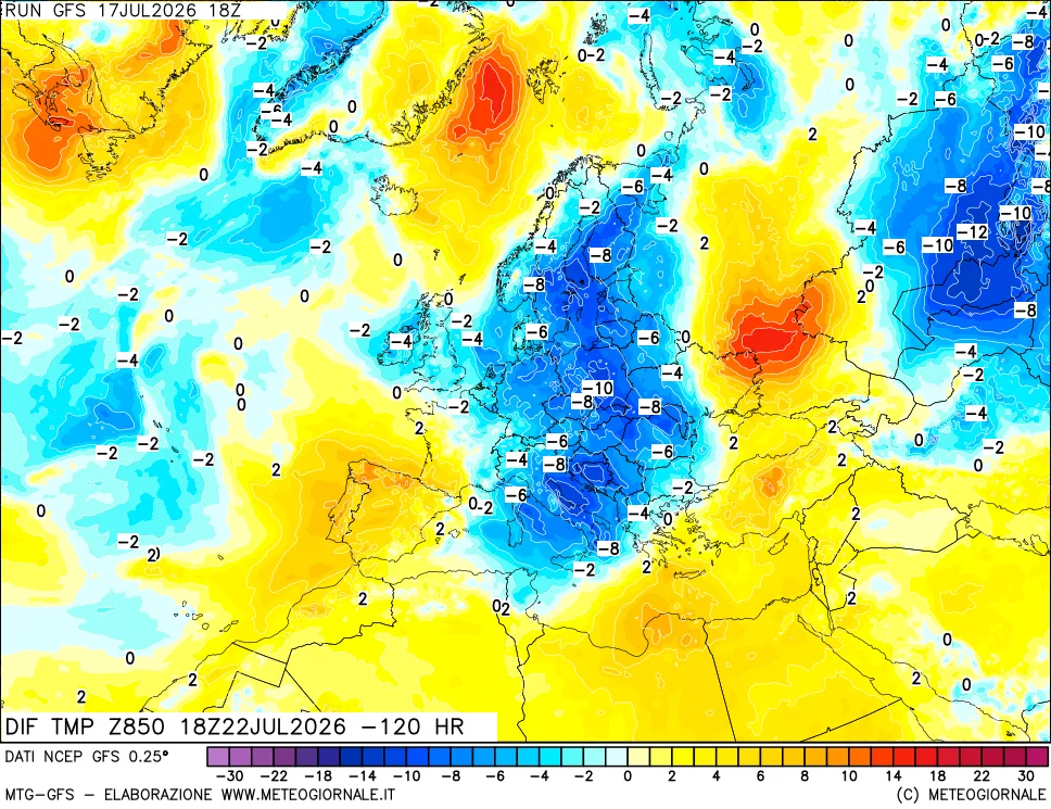 mappa Dif. Temp a 850 hPa Valid - Init
